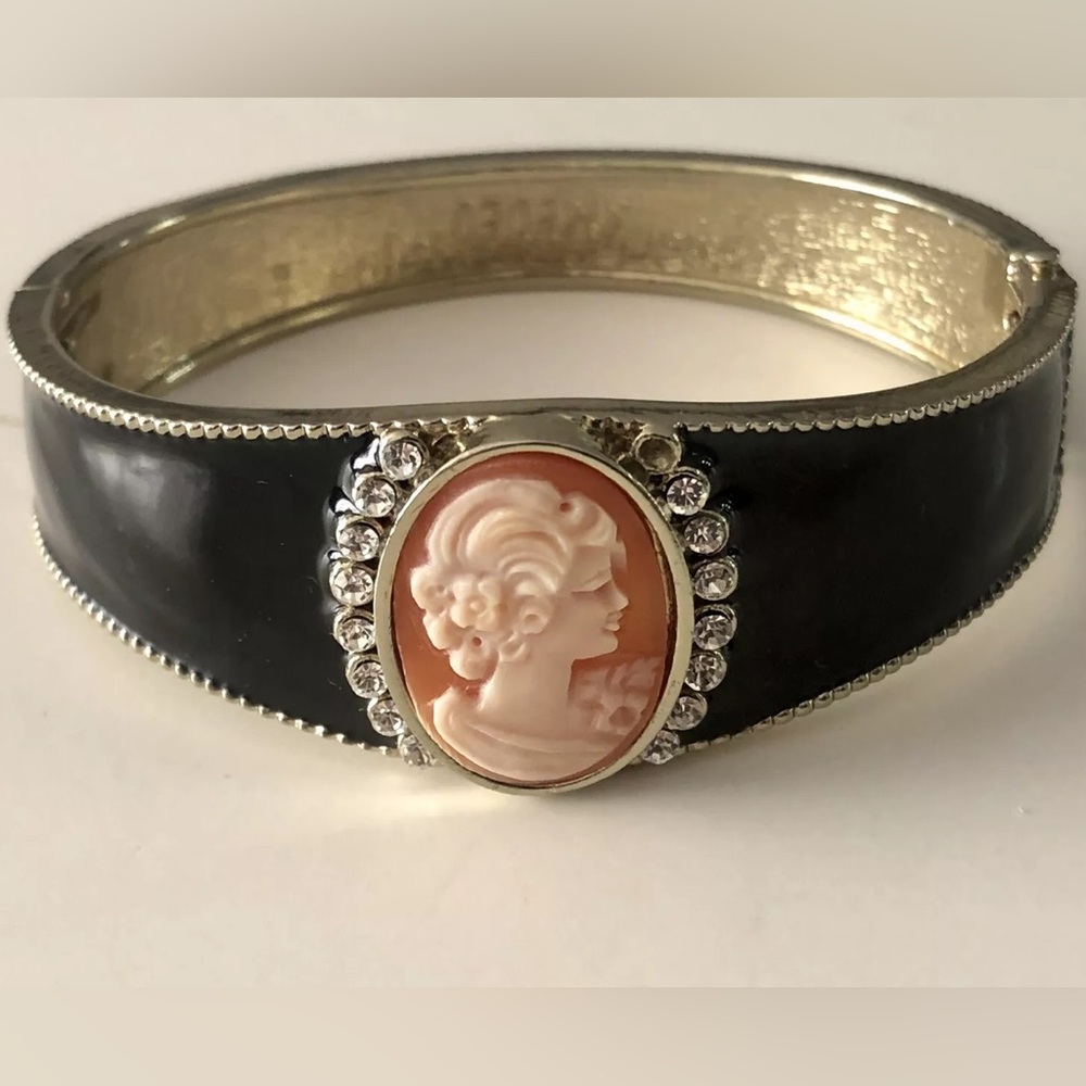 Amedeo Black Enamel & Rhinestone Carved Shell Hinged Bangle Bracelet